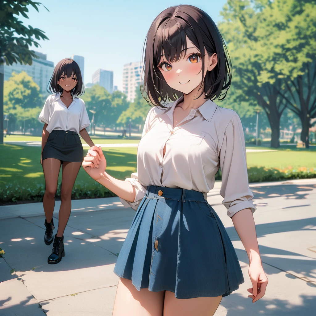 2 girls, Short black hair, Brown eyes,Brown Skin, Wearing a plain white shirt, Wearing a short skirt, Park Background, Absurd, High resolution, Ultra Sharp, 8K, masterpiece, View your audience, smile,