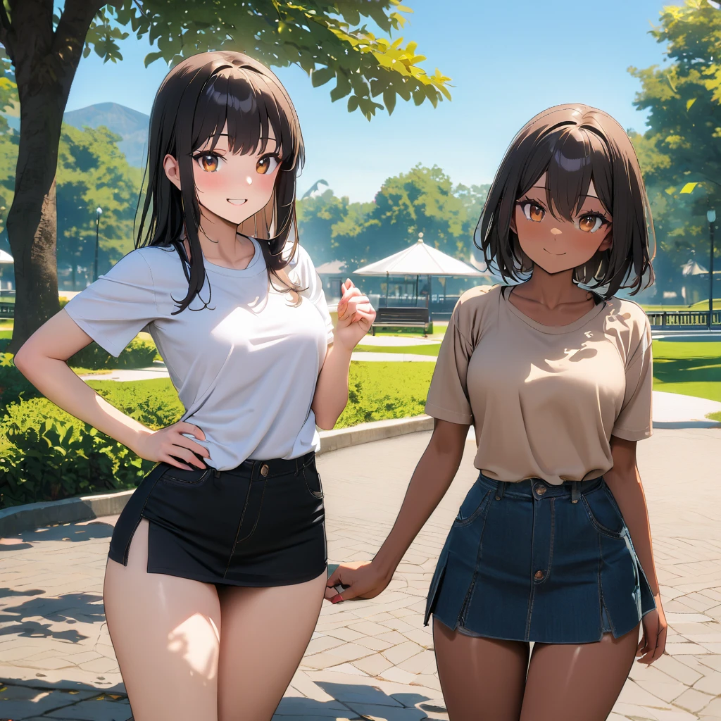 2 girls, Short black hair, Brown eyes,Brown Skin, Wearing a plain white shirt, Wearing a short skirt, Park Background, Absurd, High resolution, Ultra Sharp, 8K, masterpiece, View your audience, smile,