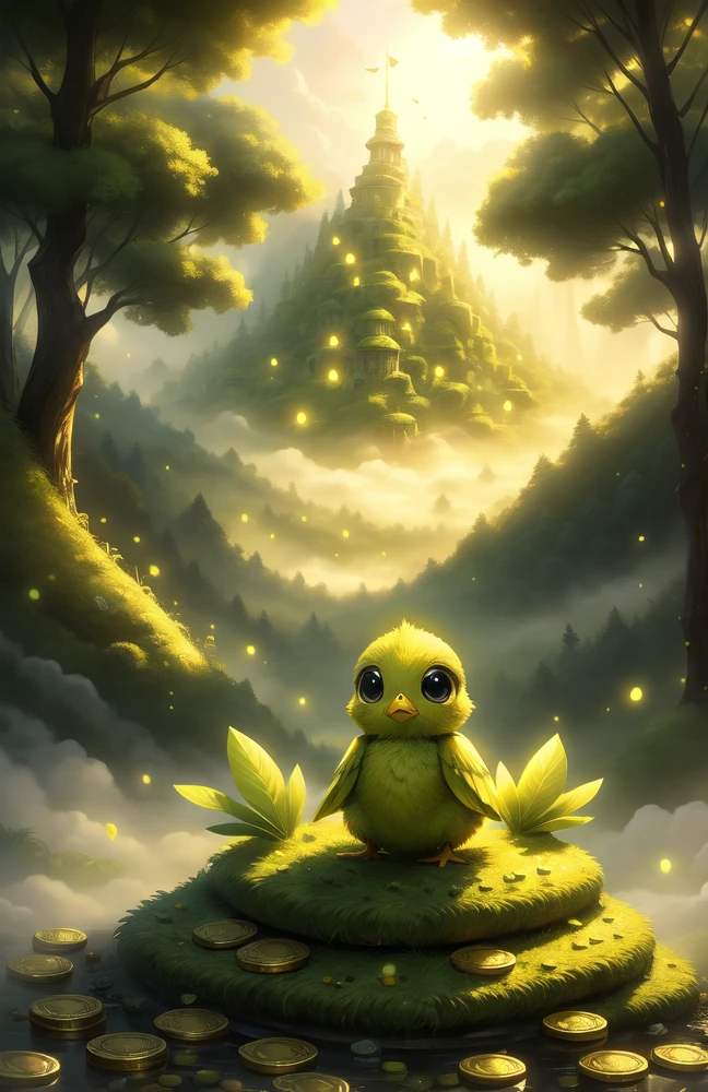 (((Green Chick))) Cute sky creatures, Cute big eyes, Living in a green forest, Bitcoin, Coins pile up, Coin Mountain, Sunlight,Magic in the air,Calm and peaceful atmosphere,Signs of fog in the distance,Great quality,Infinite photorealistic detail