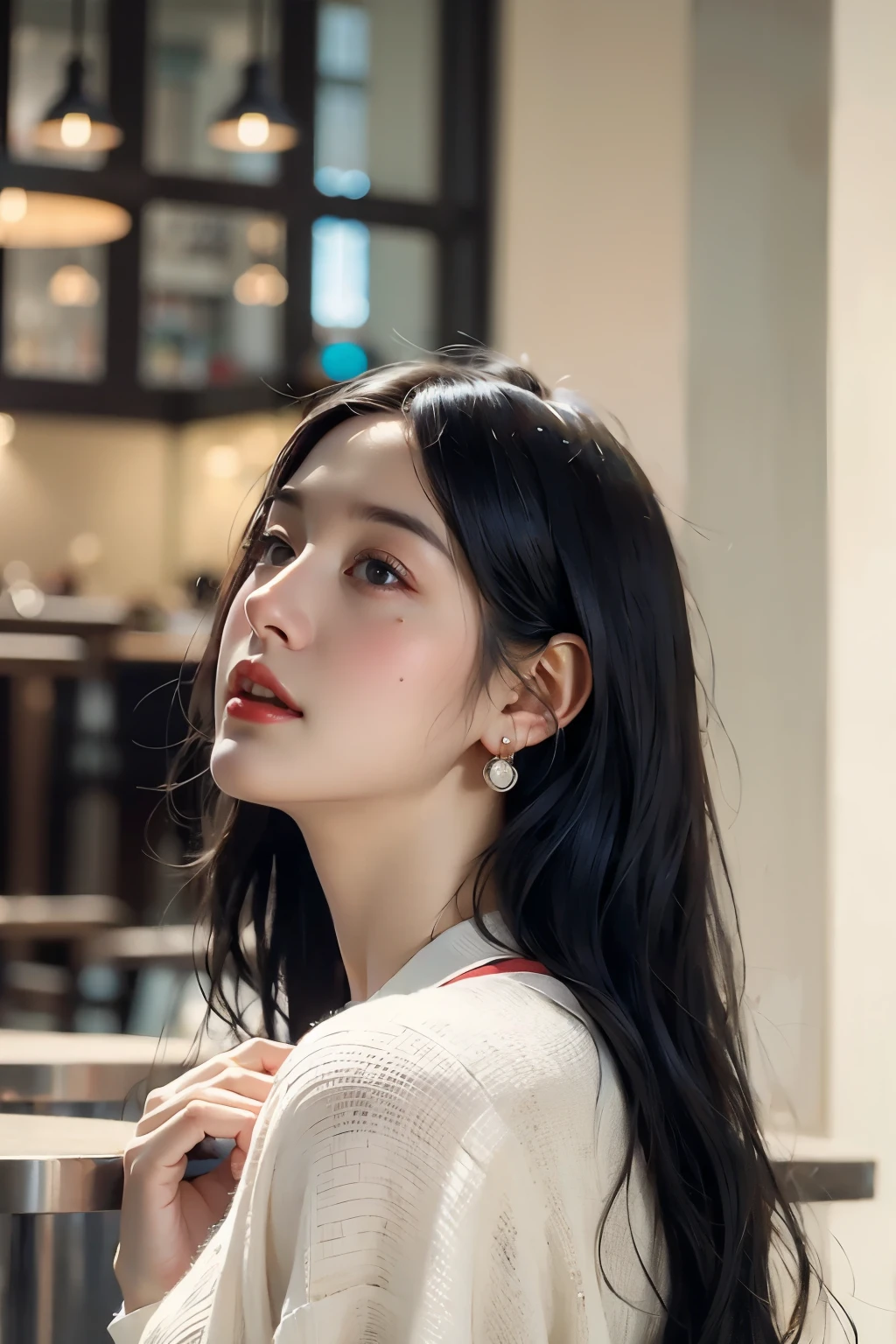 best quality, masterpiece, ultra high resolution, (realistic:1.4), original photo, 1 woman, earring, bijouterie, 1 woman, black hair, look up at the viewer, coffee shop,realistic