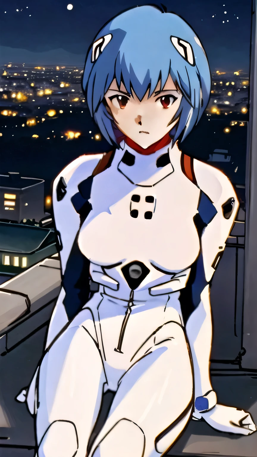 (masterpiece, Highest quality, detailed), One girl, alone, Pikiyanami, View your viewers, Blue Hair, short hair, bangs, Red eyes, chest, , white Bodysuits, Plug Suit, Bodysuits, Interface Headset, Pilot Suit,
Sitting, Arm support, Outdoor, rooftop, Cityscape, night, scenery, handrail