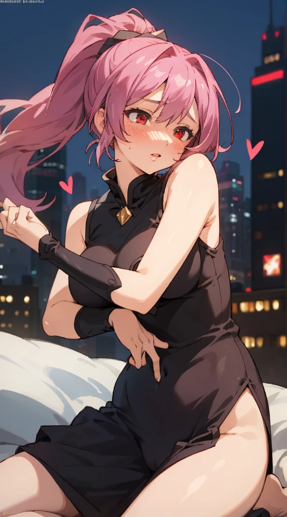 Jibril, upper body, blushed, perfect anatomy, detailed eyes, detailed lips, extremely detailed eyes and face, vivid colors, sharp focus, masterpiece:1.2, ultra-detailed, blushed, ((doggystyle)), (solo), ((black dress)), sleeveless, dominant, red eyes, holding a heart, blood, (ponytail).masterpiece,Highest quality)),One girl,alone,ChunLi,Upper Body,Beautiful night city background、naked、All naked、Full nudity、Large Breasts、No clothes、Full body photo、Thick pubic hair、