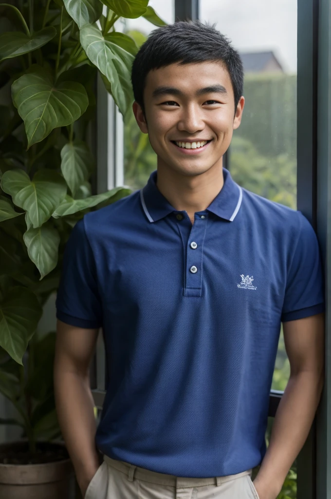 young asian man in a blue polo shirt standing by the window with a smiling face, looking into the distance Turn your head slightly.,(garden:1.2)
