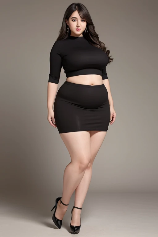 best quality, masterpiece, Weight 120 kg, extreme obesity, severe abdominal obesity, severe visceral obesity, Belly fat is prominent, severe abdominal obesity, mini skirt, high heel, ssbbw