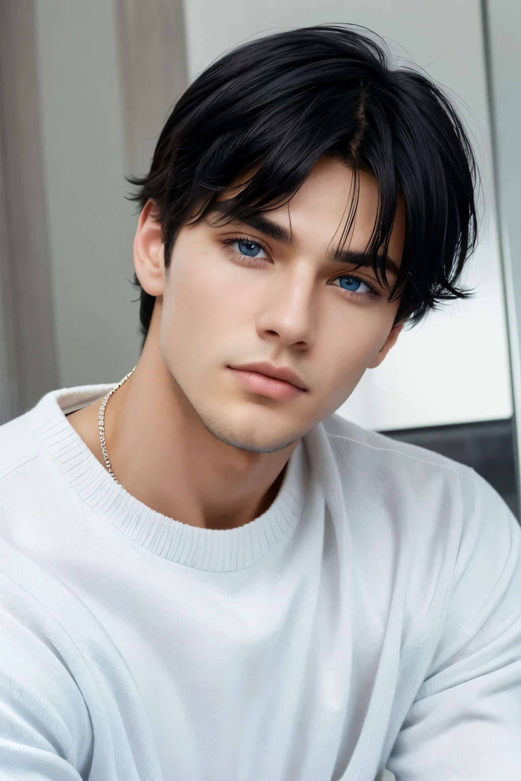 A beautiful boy, sharp eyes, sharp Jawlines, white sweater, Black hair, blue colour eyes,