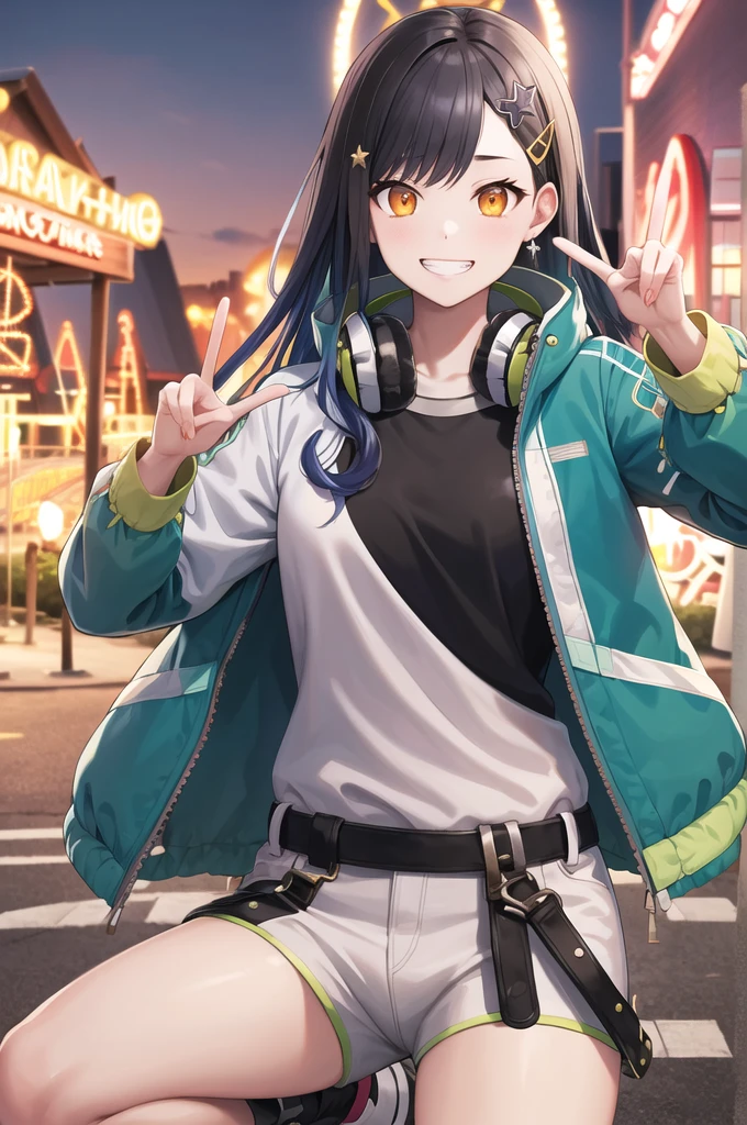 masterpiece, Highest quality, High resolution, Aah!, Long Hair, Multicolored Hair, Gradient Hair, hair ornaments, Orange eyes, Headphones around the neck, Black Shirt, Jacket, open Jacket, Long sleeve, Short shorts, White shorts, smile, Grin, peace sign, amusement park,