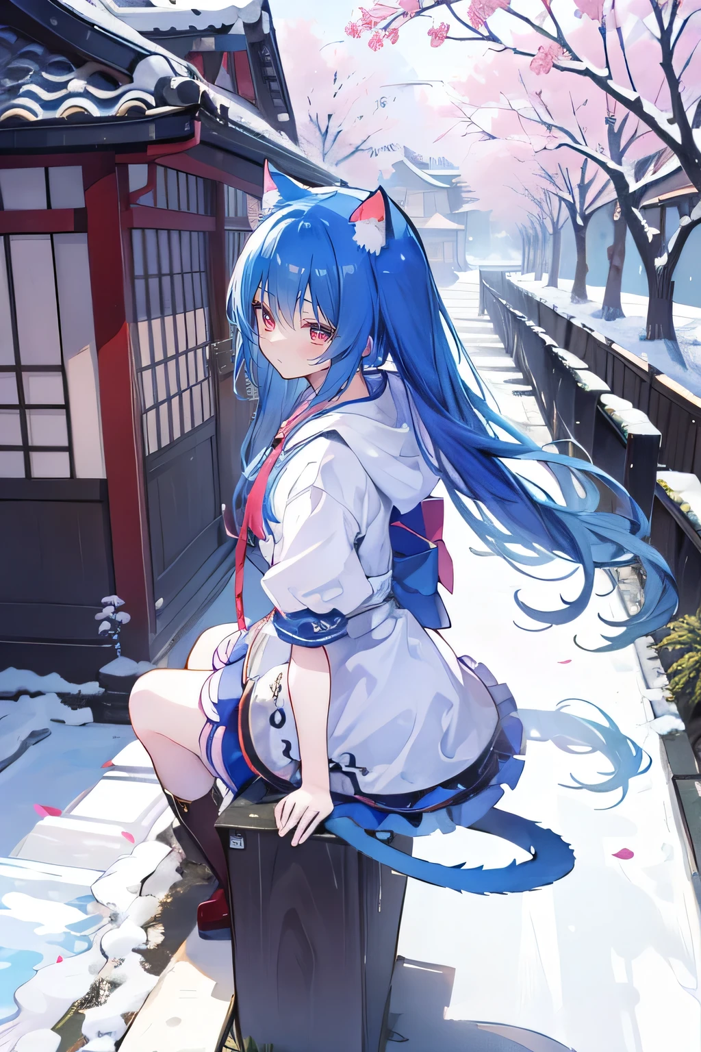(masterpiece:1.uper detailed,lifelike,Expressive eyes,fair skin,perfect face shape,1 girl,
Japanese comics,Gorgeous blue hair,flowing blue hair,flowing clothes,Cat ears,Petals fall,beautiful lola,Baby Angel,
Cross your legs,Gentle and peaceful background,The pavilion is cool and comfortable,smile, wearing hoodie, background of tokyo,back views,snowing, winter.