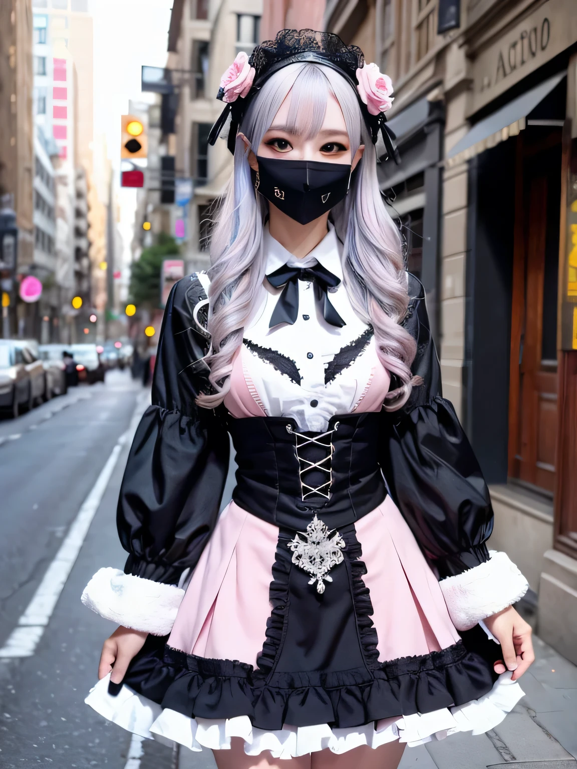 (Realistic, photo-Realistic:1.37), Unbelievably absurd, (Very detailed:1.3), 8K, (masterpiece), (Highest quality:1.4), (Ultra-high resolution:1.2), (RAW Photos:1.2), Very detailed background, (unity 8K wallpaper), 1 nogizaka girl, very cute, (bishojo:1.35 (17yo:1.4 (white, Black and pink mine fashion), (Delicate and beautiful face, eye, skin), (Beautiful dress with intricate details), Gothic Maid, (Open chest), (Thick black shiny hair), (Elegant frills), (Blue rose hair accessory), (Smiling for the camera), whole body, Street view, Professional Lighting, 1 Girl, ((Black mask)), (Light pink hair)