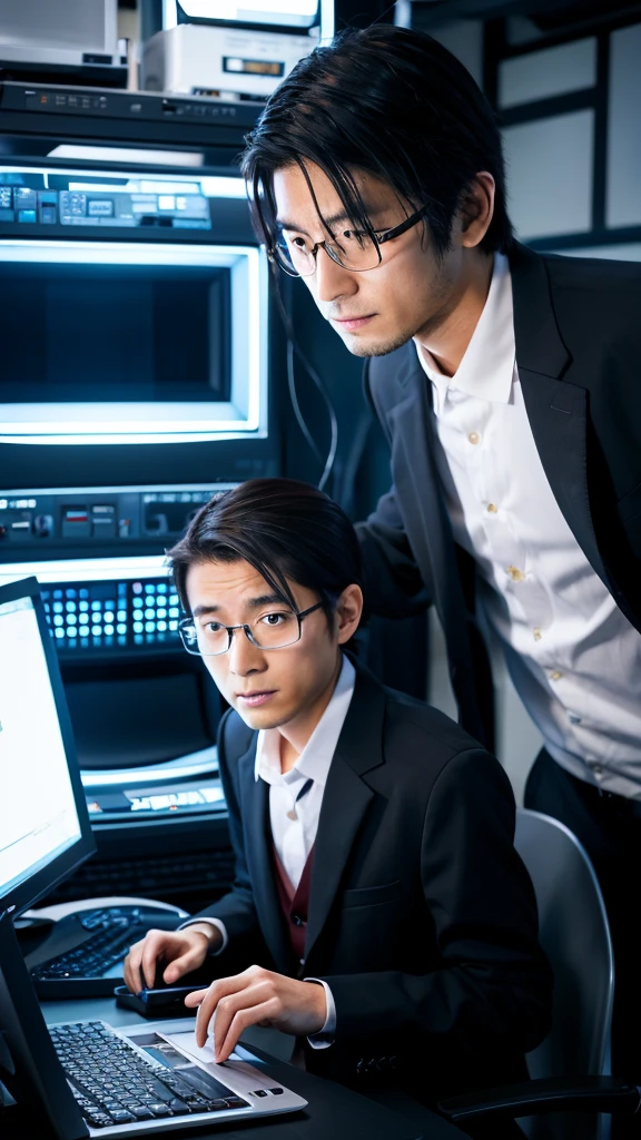 photograph、A 30-year-old Japanese man in a suit working on a computer、Not looking at the camera、Realistic photograph、Troubled expression