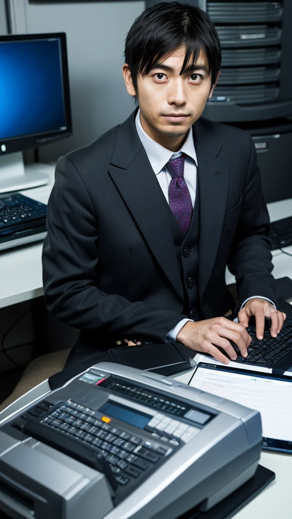 photograph、A 30-year-old Japanese man in a suit working on a computer、Not looking at the camera、Realistic photograph、Troubled expression