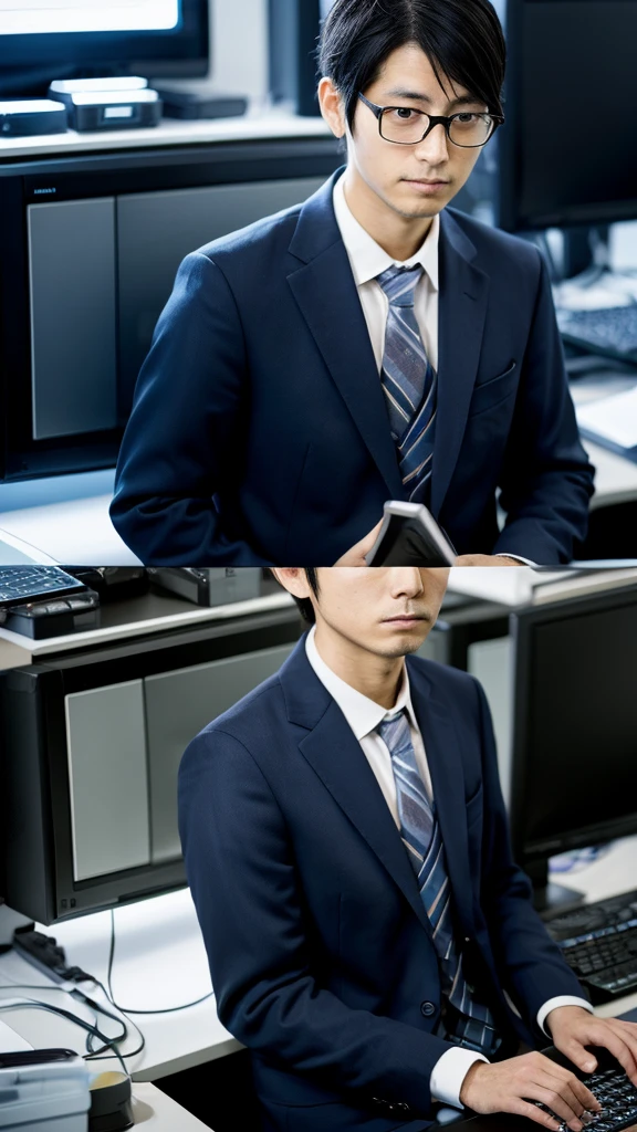 photograph、A 30-year-old Japanese man in a suit working on a computer、Not looking at the camera、Realistic photograph、Troubled expression