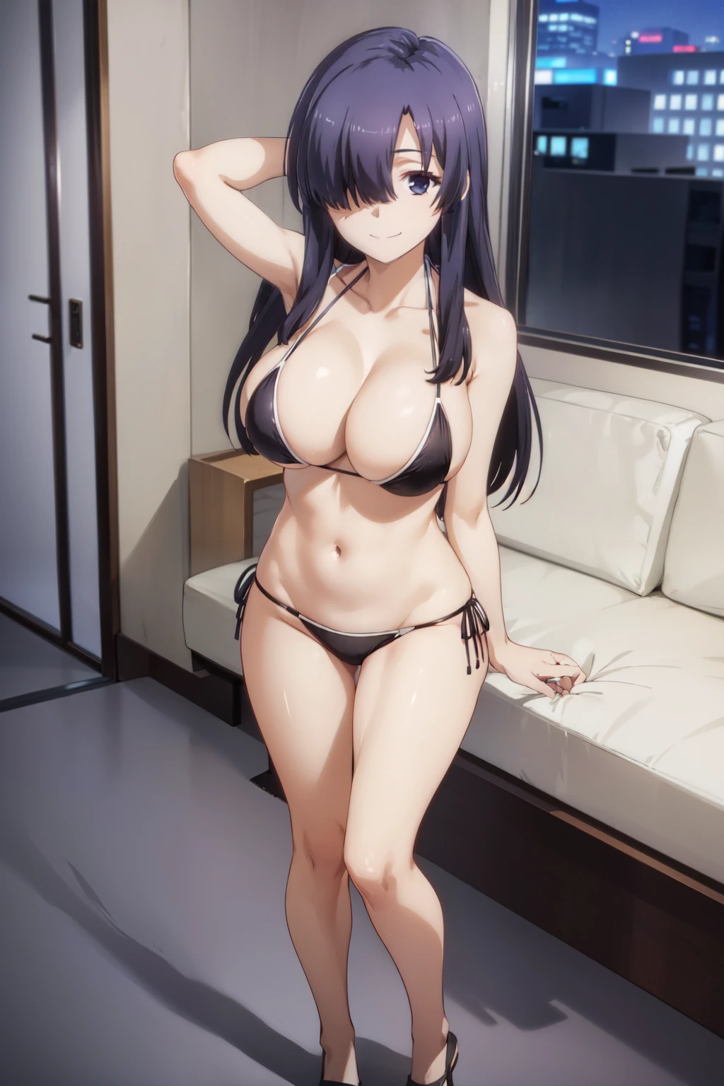 (((perfect, detail-perfect))), solo, 1girl, ayase ayatsuji, hair over one eye, bikini, looking at viewer, smile, big breast, full body