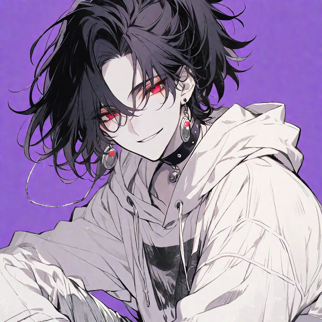 Solo,handsome, monotone,
1. male,
,Straight Hair,Bob Hair, ponytail,
black hair,
Gojo Satoru ,
red Eyes,Soft look,beautiful,sexly,Darkness,Lots of silver earrings,choker,
White Distressed jeans, hoodie ,smile,skin,buzzer,
simple background ,
purple background,