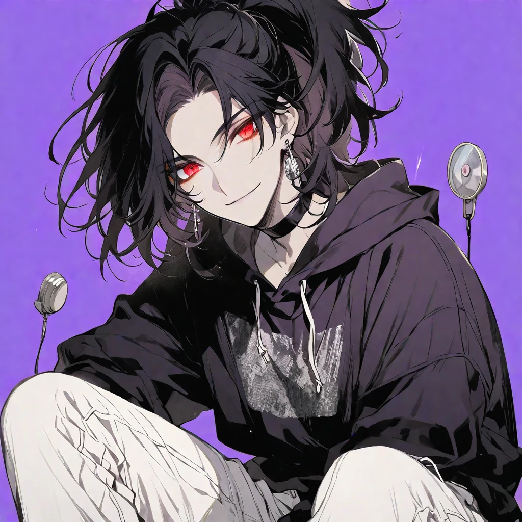 Solo,handsome, monotone,
1. male,
,Straight Hair,Bob Hair, ponytail,
black hair,
Gojo Satoru ,
red Eyes,Soft look,beautiful,sexly,Darkness,Lots of silver earrings,choker,
White Distressed jeans, hoodie ,smile,skin,buzzer,
simple background ,
purple background,