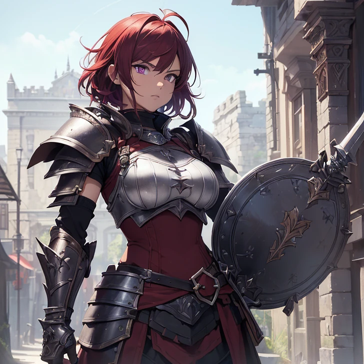 (absurdres, high fantasy artwork, best high quality image, carefuly detailed, very detailed features and textures)
{{1character: 20 years old barbarian girl, (scarlet red red short hair), (purple eyes with black pupils), (very thin lips, white skin), (she wears: purple full bulky heavy knight armor, full plate helmet, full bulky shoulder plates, full armored bulky armored breast plate armor, full gauntlets plates, full armored elbow plates, full armored hip plates, full plate boots), (her weapon: big broad sword), (she looks: Confident pose, very serious face, no sense of humor), (Scenery: medieval irish street celtic forniture)}}