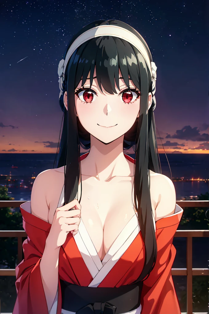 (SFW:1.8、masterpiece, Highest quality),1people々々, 一people々々in, Absurd、現実inは捉えられないディテールと美しさ、hyper Realistic, Realistic,Realistic, Looking at the audience, 美しいbangs:2、魅力的なbangs:2、bangs:2、), Mouth closed, Biges、eyelash、 whole :2、(((Add highlights to the eyes:1.4、Long Hair、She is very 美しい and cute、Show me your ears、Beautiful long neck:1.8、smile、Cloyour mouth and smile:1.5、bangsと美しい歯)))、Ideal body type、((firework、Night Sky、Night Skyに美しいfirework、))、Beautiful long neck:1.6、Perfect Anatomy、people々Beautiful pads that make you feel happy:2、自然in快適な照明、Keep an eye on your audience、Shadow Fade、Listen carefully、smile、((Black Hair、Red yukata、White hair band、Red eyes))、A starry sky、Rich nature background、fireworkの光、Off the shoulder、Underwear is visible、the chest is slightly visible、Open yukata、The yukata is a little off、Cleavage、Whitear、White Lingerie、Sweat、Tilt your face