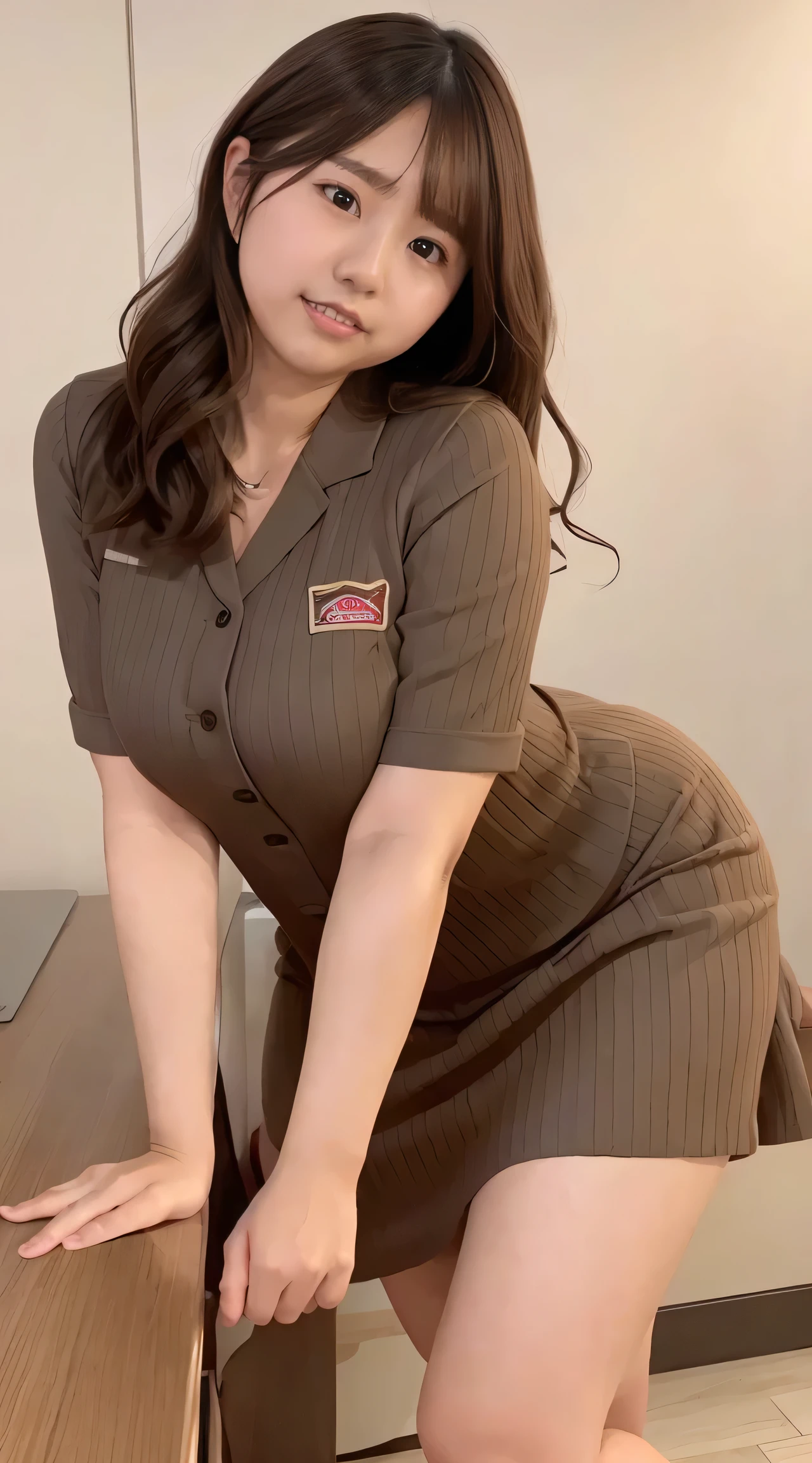 (Highest quality, Highest quality, Raw quality), Japanese ID, Mature Woman, ((Chubby round face around 40 years old)), Wavy black hair with no bangs, Medium Long Hair, ponytail, Flashy makeup, Fuller lips, Sexy Gaze, uniform, ((dressing)), looking at the camera, Low angle shooting, Cute duck lips,((Very accurate and correct anatomy)), (masterpiece:1.3), Perfect proportions, Realistic photos, Full Shot, whole body, (height: 148cm), High heels,