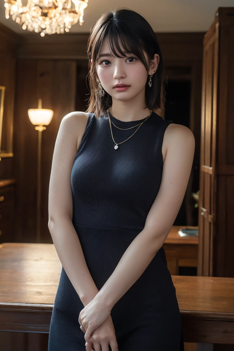 (Highest quality:1.4),(masterpiece:1.4),(Realistic:1.4),(Realistic:1.2),(超High resolution, RAW Photos:1.4),(High resolution, Ultra-detailed:1.2),(8K:1.2),View your viewers,Cinematic photography,One girl,skeletally correct,Black-haired woman,(Small earrings,necklace,Sleeveless red dress,View from the front),(Western-style building interior,Dimly lit room,The lamplight shines on my cheeks)