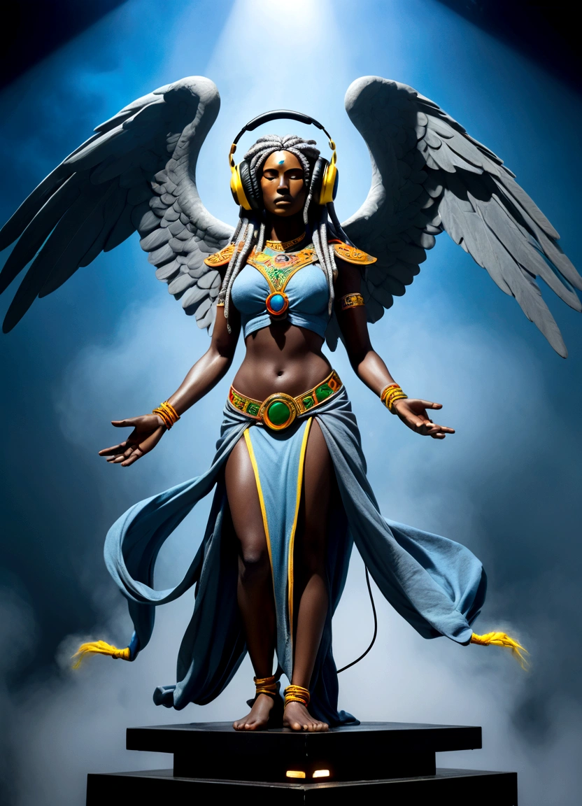 full body view with depth An epic a scaly skin,Rasta style hair out there, he wears a cord with mystical symbols, female sex a woman with old breasts illustration of a dark Entity. A tall humanoid muscular figure with unusual features such as white, plaster-like skin, slit mouth, no hair, slanted and larger-than-normal yellow eyes, and large, pointed ears, slender and strange, wearing blueish grey clothing. stands behind a soundboard swaying the audience while standing, with one hand adjusting the headphones and the other on the soundboard. Full body view style A DJ's toned body, thick fog around, a blue ray in the sky illuminates the fog. The figure must be in a dynamic pose, with one hand adjusting the headphones and the other on the soundboard. The sculpture must have the following characteristics: on the soundboard. full body style full shot view Headphones, 🎚️behind appear two guardian angels with vibrant colors one is holding a scale the other is crying a sword blindfolded
