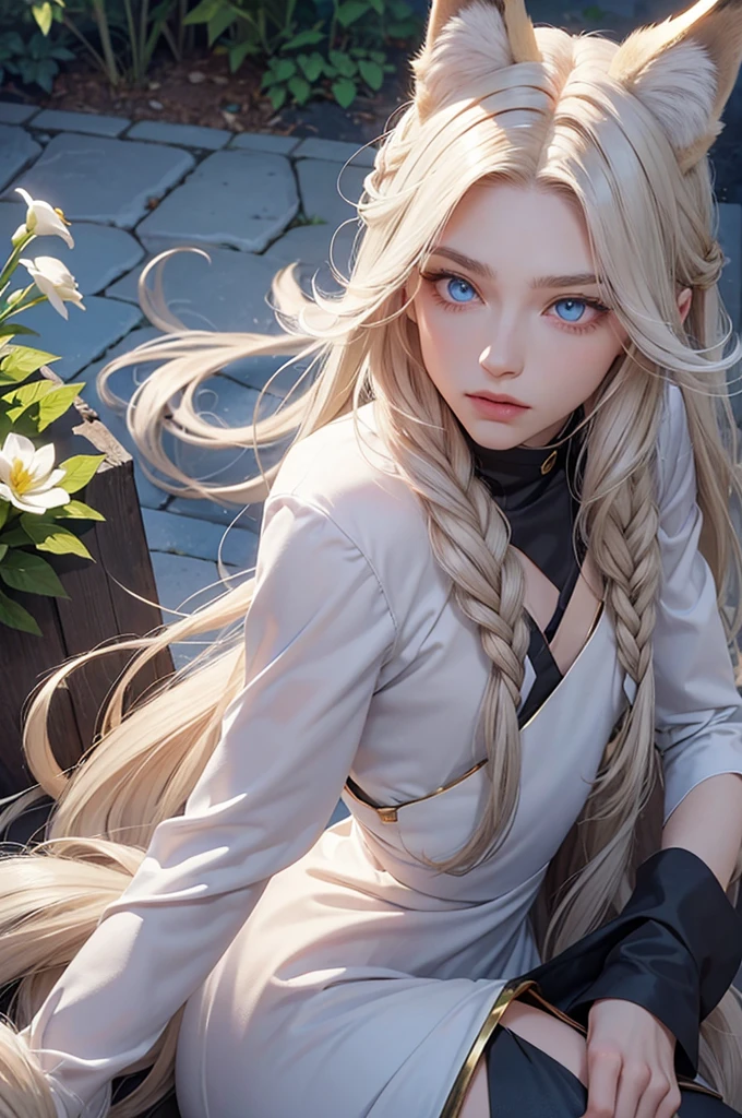 Androgynous young man, very long wavy blond hair, tight-fitting clothing, kemonomimi, fox ear, fox tail, different-colored eyes, light-colored eyes, long eyelashes, looking at camera, close-up portrait, man, garden, flower, one gray eye and one blue eye, bare torso.