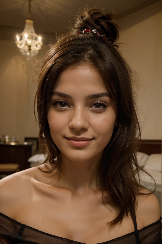 Photographie de 1 superbe fille de 24 ans, type marocaine avec du lait sur le visage, cheveux bruns longs , dans un hotel à Paris , Portrait photographique, Souriant, regarder la caméra , éclairage spectaculaire, magnifique, (clivage profond), séance photo, occidental, meilleure qualité, Haute résolution, fond extrêmement détaillé, peau avec pores, éclairage cinématographique terminé