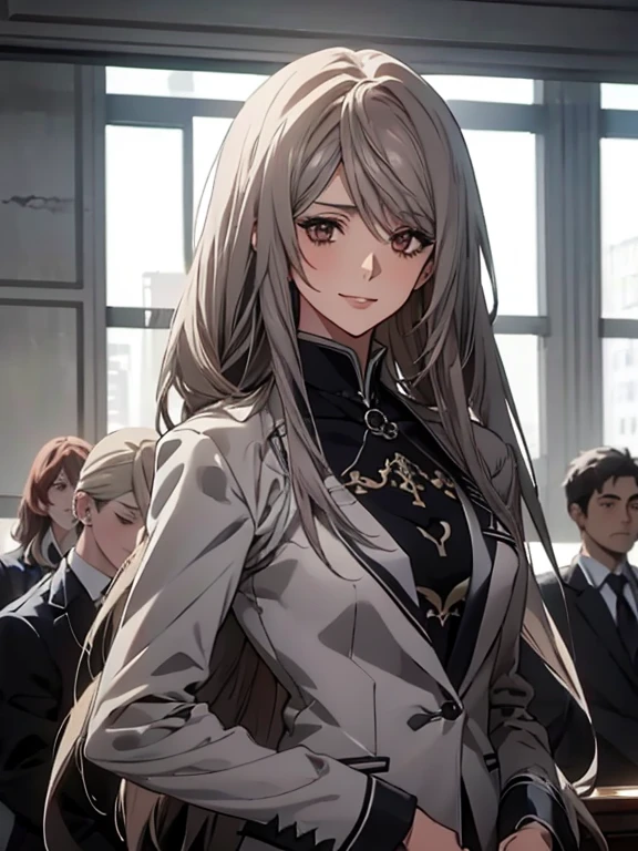 (Confused, High resolution, Very detailed), 1 female, Silver Hair,Long Hair,Reddish brown eyes,suit,20th generation,Beautiful woman,A shy smile,thin,quiet,Small breasts,Calm,conference room