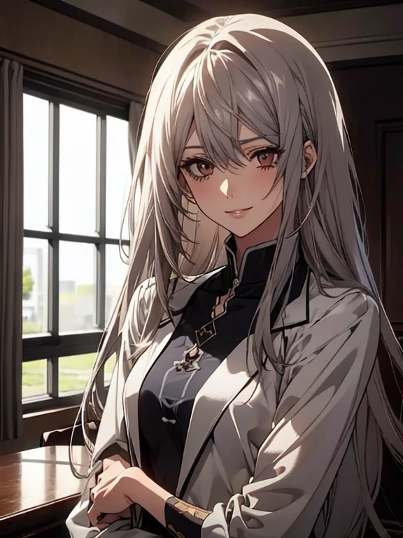 (Confused, High resolution, Very detailed), 1 female, Silver Hair,Long Hair,Reddish brown eyes,suit,20th generation,Beautiful woman,A shy smile,thin,quiet,Small breasts,Calm,conference room