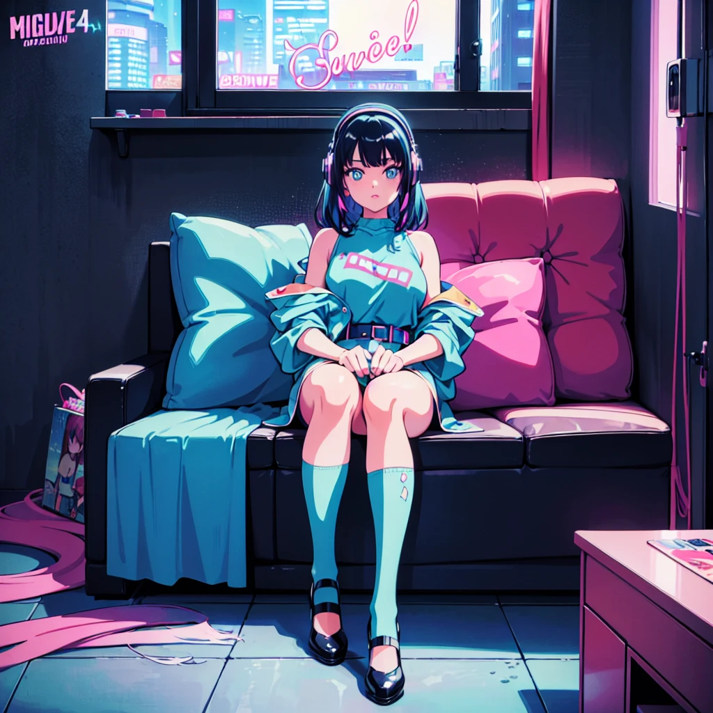 (masterpiece), Highest quality, Expressive eyes, Neon pastel aesthetics, Retro 90s, Neon color,((Girl sitting on sofa,In a cozy room,Records hanging on her wall, Comic books on the floor, Looking out the window behind her at the night city, Upholstered room, Anime figures lined up on a shelf)), Wearing headphones, (All around her it sparkles), (Wearing high socks and heels), (blue eyes), (Soft look), (Synthwave Art Style), Colorful Hair, Desk with PC set up