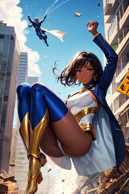 ((Best Quality)), ((Masterpiece)), (Super Hero), man, Dark skin, blue suit and white lines, golden cape, protecting a girl from falling debris, moment of building in destruction,