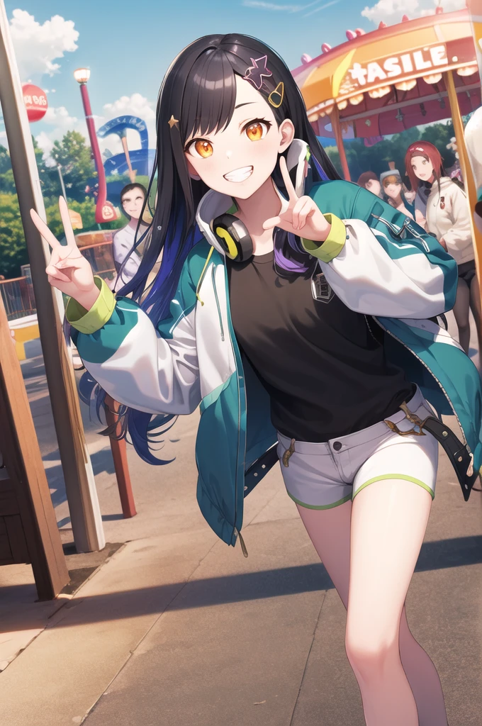 masterpiece, Highest quality, High resolution, Aah!, Long Hair, Multicolored Hair, Gradient Hair, hair ornaments, Orange eyes, Headphones around the neck, Black Shirt, Jacket, open Jacket, Long sleeve, Short shorts, White shorts, smile, Grin, peace sign, amusement park,