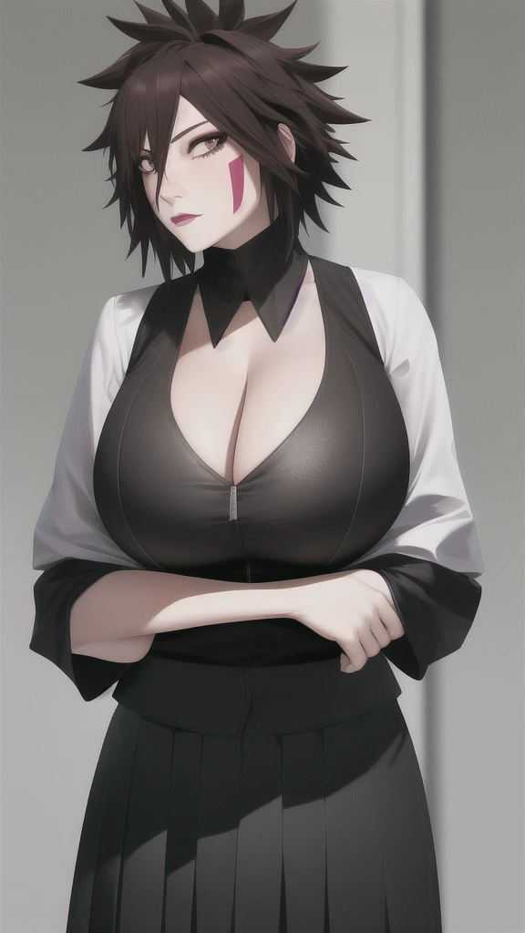 cleavage, InuzukaTsume, huge_breasts,  standing, solo, facial_tattoo, skirt_suit,, masterpiece, best_quality, detailed_face, detailed_eyes, highres, beautiful, detailed, absurdres,