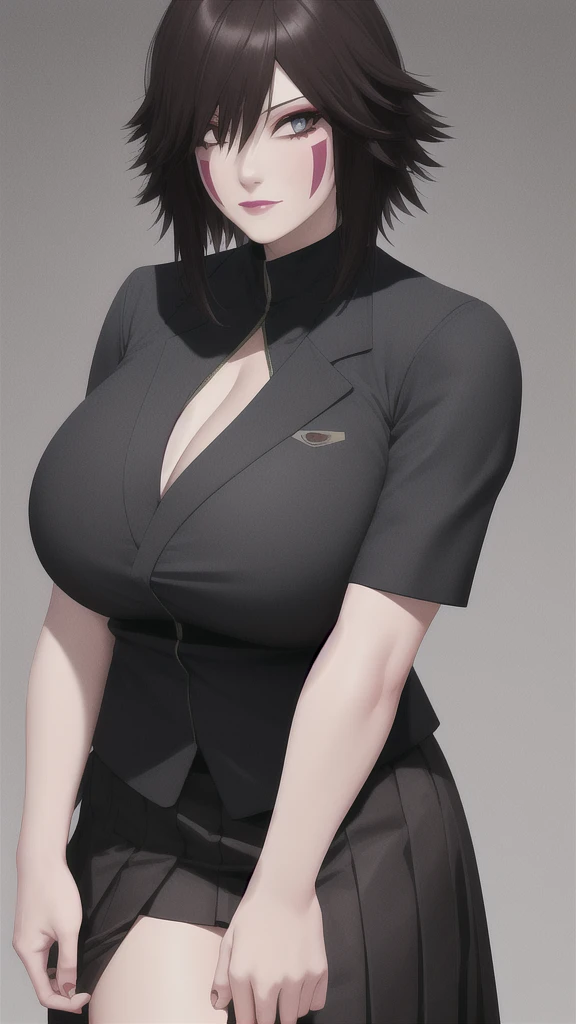 cleavage, InuzukaTsume, huge_breasts,  standing, solo, facial_tattoo, skirt_suit,, masterpiece, best_quality, detailed_face, detailed_eyes, highres, beautiful, detailed, absurdres,