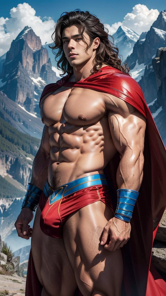 (muscular cute beautiful young boy Arion), huge strong biceps volume, enormous round exposed chest muscles volume, strong muscular legs, exposed abs skin, tight blue trunks, red cape, huge cock bulge, mountains background, wavy hair, oiled up reflective skin, sexy body