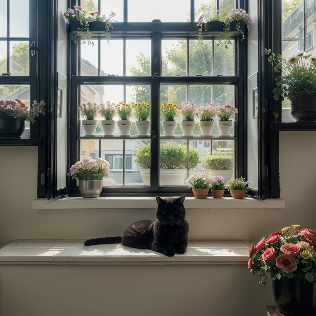 masterpiece, Best quality, ultra realistic image, ((кот ест Flowers on the windowsill)), flowers in a pot, Flowers on the windowsill, Black fluffy cat, fat cat, sleeping in a pot of flowers