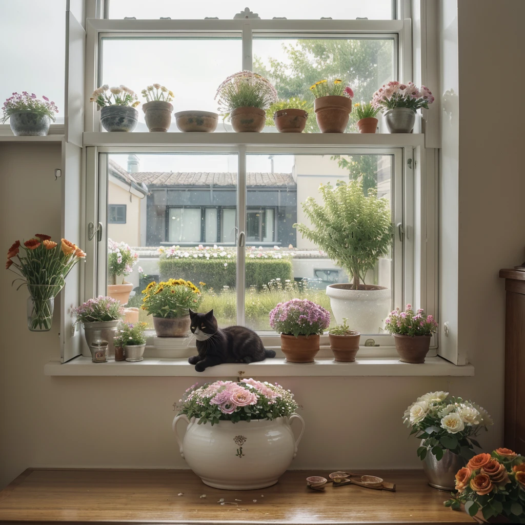 masterpiece, Best quality, ultra realistic image, ((кот ест Flowers on the windowsill)), flowers in a pot, Flowers on the windowsill, Black fluffy cat, fat cat, sleeping in a pot of flowers