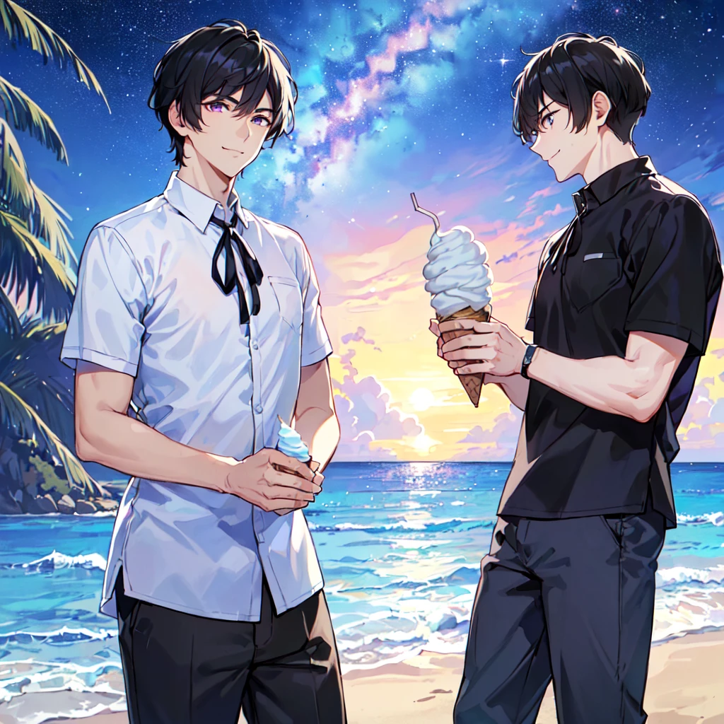 masterpiece,best quality,high quality,(1 male austere handsome solo adult age 30 years old:1.5), purple eyes, cool with suspended eyes, V-shaped eyebrows, body strong and fearless 8.5 head tall, height 185cm, (well-groomed black short hair down to neck:1.4), (bangs 7 thirds parted:1.4), slender nose, facial muscles, throat, (short-sleeved shirt and pants:1.3), (eating with soft ice cream), (stylish pose), (cool smile:1.3), (background ocean beach:1.3),  (Milky Way Night Sky: 1.3)