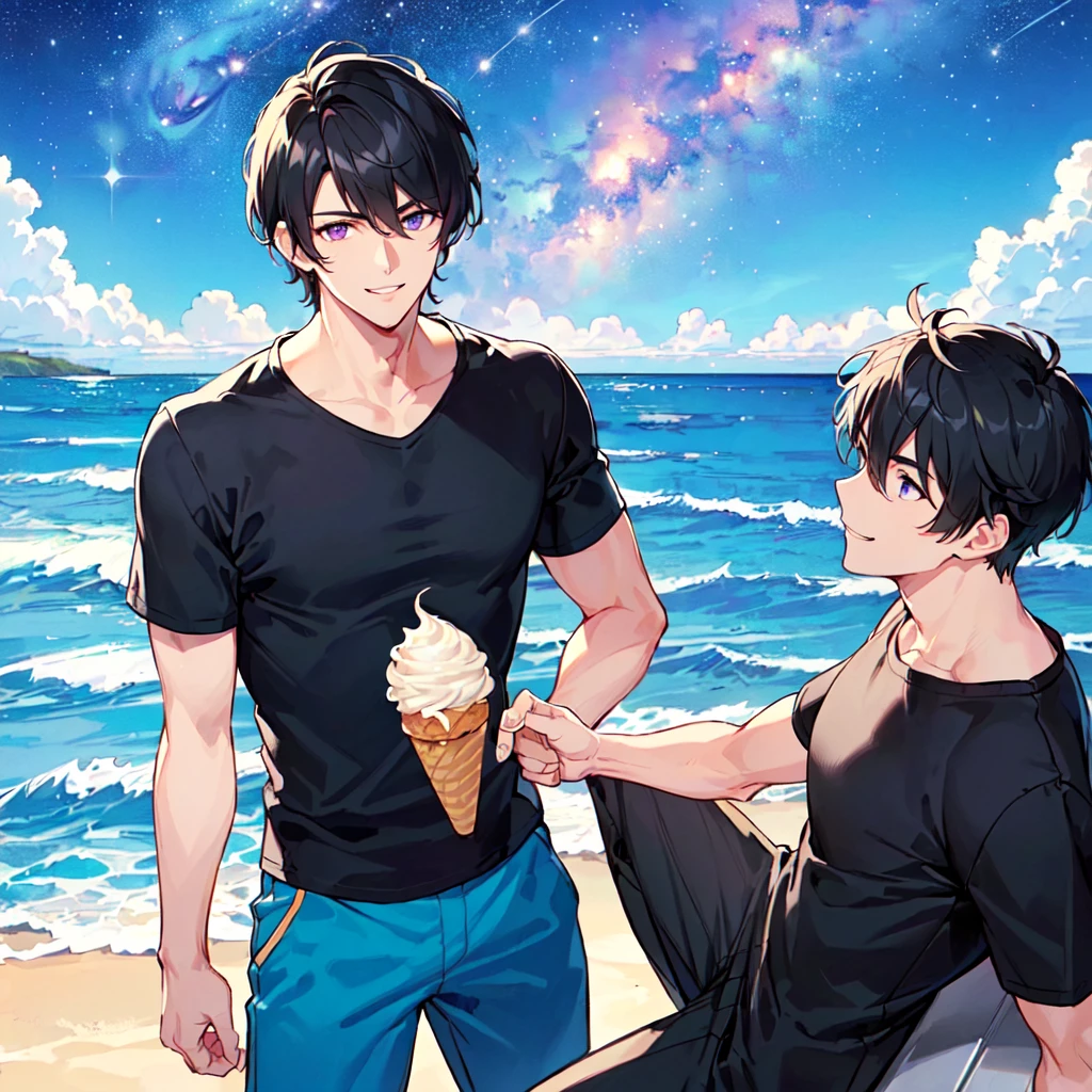 masterpiece,best quality,high quality,(1 male austere handsome solo adult age 30 years old:1.5), purple eyes, cool with suspended eyes, V-shaped eyebrows, body strong and fearless 8.5 head tall, height 185cm, (well-groomed black short hair down to neck:1.4), (bangs 7 thirds parted:1.4), slender nose, facial muscles, throat, (short-sleeved shirt and pants:1.3), (eating with soft ice cream), (stylish pose), (cool smile:1.3), (background ocean beach:1.3), (Milky Way Night Sky: 1.3)
