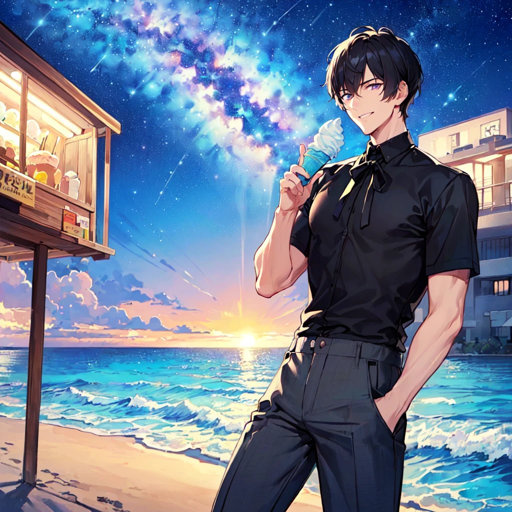 masterpiece,best quality,high quality,(1 male austere handsome solo adult age 30 years old:1.5), purple eyes, cool with suspended eyes, V-shaped eyebrows, body strong and fearless 8.5 head tall, height 185cm, (well-groomed black short hair down to neck:1.4), (bangs 7 thirds parted:1.4), slender nose, facial muscles, throat, (short-sleeved shirt and pants:1.3), (eating with soft ice cream), (stylish pose), (cool smile:1.3), (background ocean beach:1.3), (Milky Way Night Sky: 1.3)