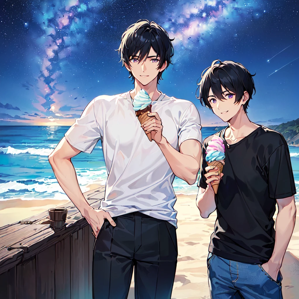 masterpiece,best quality,high quality,(1 male austere handsome solo adult age 30 years old:1.5), purple eyes, cool with suspended eyes, V-shaped eyebrows, body strong and fearless 8.5 head tall, height 185cm, (well-groomed black short hair down to neck:1.4), (bangs 7 thirds parted:1.4), slender nose, facial muscles, throat, (short-sleeved shirt and pants:1.3), (eating with soft ice cream), (stylish pose), (cool smile:1.3), (background ocean beach:1.3), (Milky Way Night Sky: 1.3)