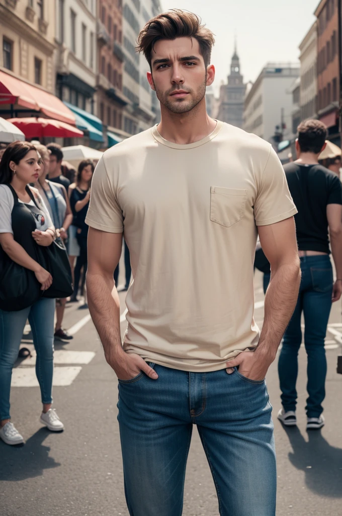 handsome guy, wearing light beige t-shirt, round ruff, hands in the pockets of his jeans, on a street full of people and cars,  cinematographic,  8K, realisitic, photographic 