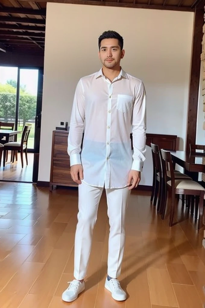 Masterpiece, best quality High resolution, realistic, handsome, beautifully photographed, syahnk SFW, 35 year old portrait. (man: 1.2) Military press, amazing weight, short buzzcut hair, stubby head. , (too much muscle ),look at the viewer,Flirting with the camera,charming (Tight white shirt ),(GS-Masculine:1), 8K UHD , standing in the dining room, (Full body:1.5)