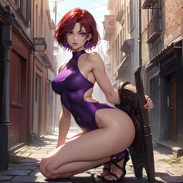 (absurdres, high fantasy artwork, best high quality image, carefuly detailed, very detailed features and textures, detailed color, detailed character, solo alone, back view)
{{(1character: 20 years old barbarian girl: (scarlet red red red short hair), (purple eyes with black pupils), (very thin lips, white skin, slender figure, medium breasts, huge rounded butt, beautiful arms, broad shoulders, beautiful legs), (she wears: simple purple one-piece swimsuit), (she looks: crouched with seductive pose, very serious face, no sense of humor), (Scenery: medieval irish street celtic forniture)}}