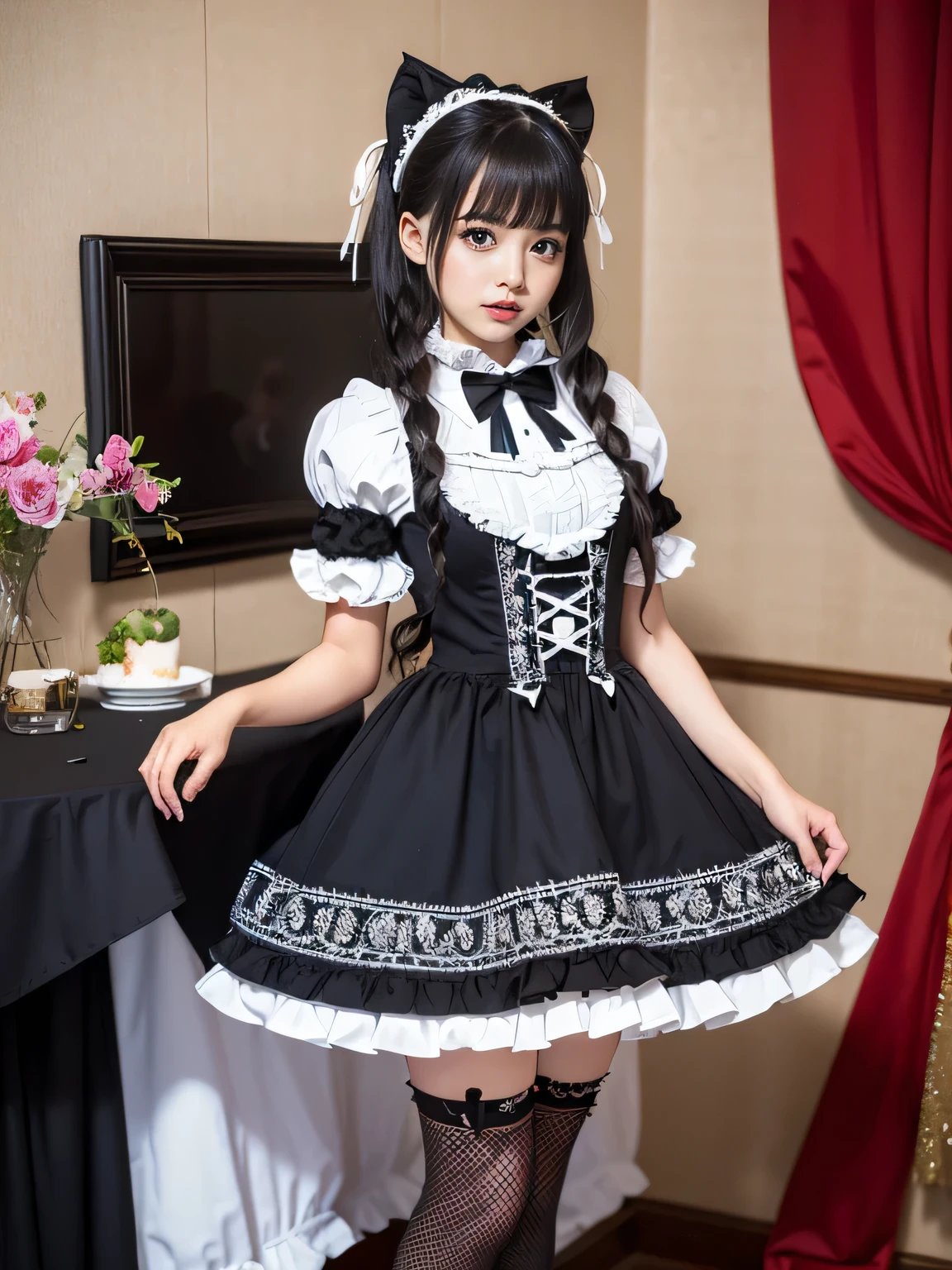 (Tabletop, Highest quality:1.2), 8K, 85mm, Full Body Shot、Thighs、Official Art, RAW Photos, Absurd, Black Hair, (Lolita Fashion, Sweet Lolita, Gothic, dress:1.2), Idol&#39;Face, Upper Body, beautiful girl, Gardeniass, Copenhagen, Short sleeve, Grace, Sophisticated, Gardenia, View your audience, Film Grain, chromatic aberration, Sharp focus, Face Light, Dynamic Lighting, Cinema Lighting, Detailed face, Bokeh Background
