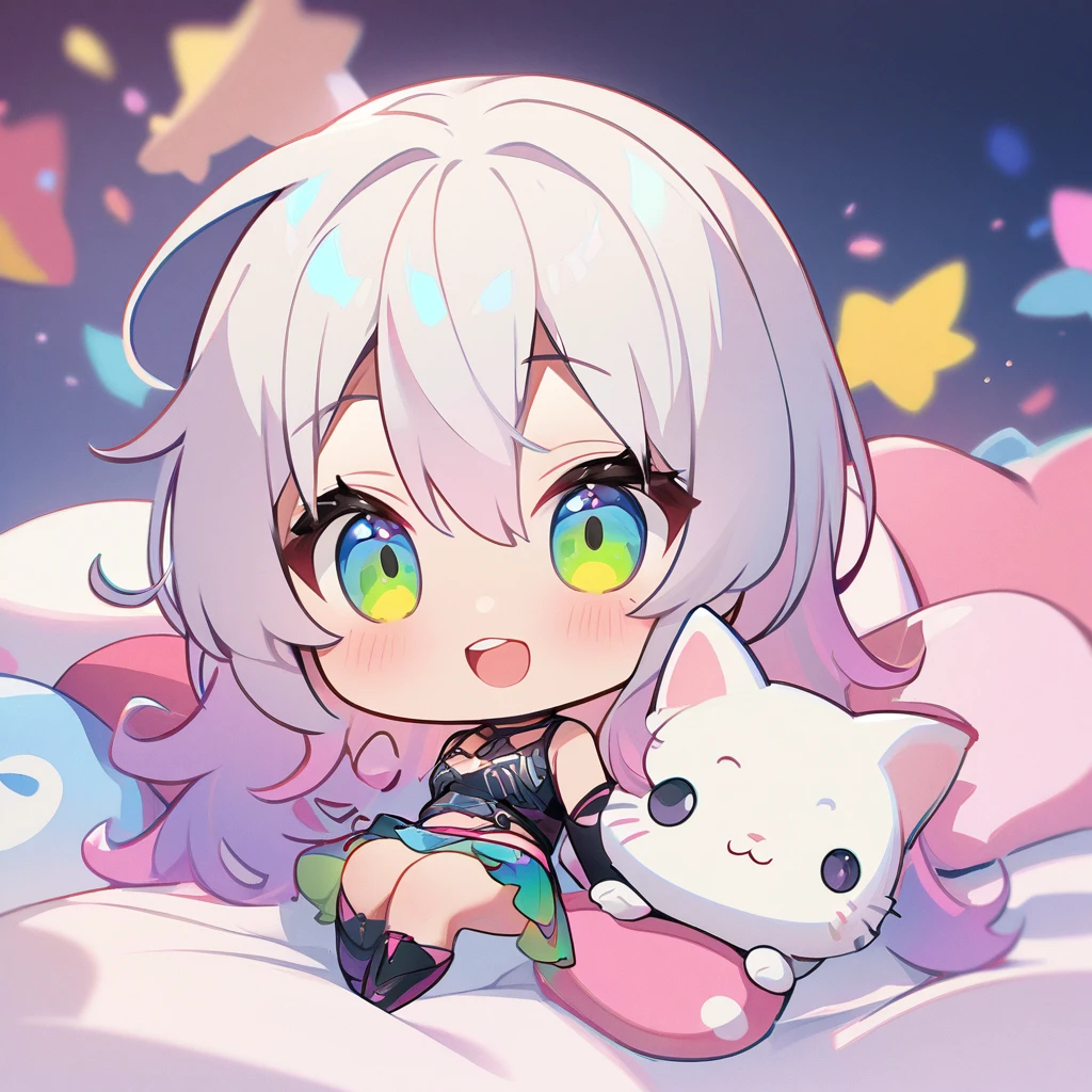 masterpiece、Highest quality、Depth of subject、((2D illustration))、1 beautiful girl、((colorful))、(((chibi style)))、((Long, beautiful hair))、Bright silver hair、hair between eyes、cute、Beautifully detailed eyes、Tank top、((mini skirt))、(((vivid color))、((bed))、((full body shot))、((Very happy face))、((kitten))、stuffed toy、((There's a lot of pink around))、((Lens flare))、White light is shining、My whole body was filled with light