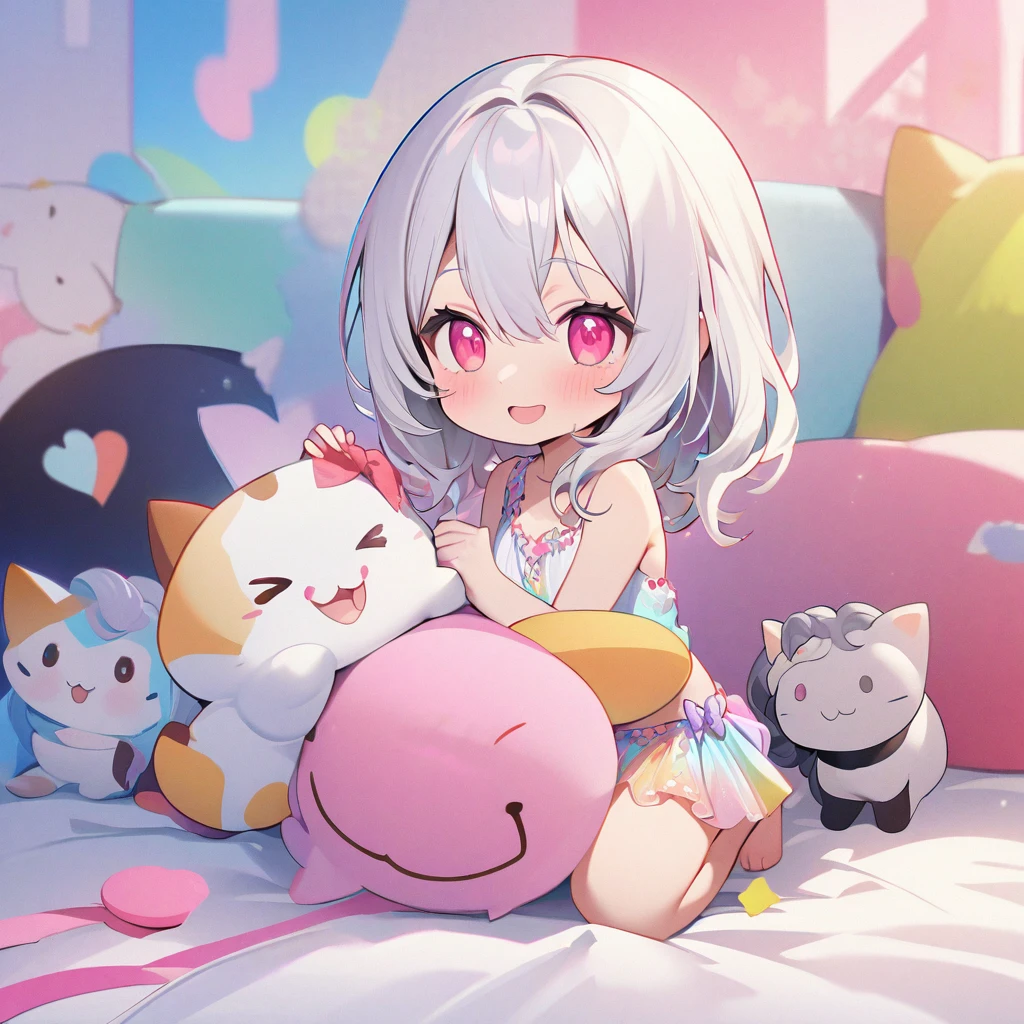 masterpiece、Highest quality、Depth of subject、((2D illustration))、1 beautiful girl、((colorful))、(((chibi style)))、((Long, beautiful hair))、Bright silver hair、hair between eyes、cute、Beautifully detailed eyes、Tank top、((mini skirt))、(((vivid color))、((bed))、((full body shot))、((Very happy face))、((kitten))、stuffed toy、((There's a lot of pink around))、((Lens flare))、White light is shining、My whole body was filled with light