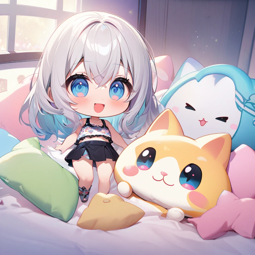 masterpiece、Highest quality、Depth of subject、((2D illustration))、1 beautiful girl、((colorful))、(((chibi style)))、((Long, beautiful hair))、Bright silver hair、hair between eyes、cute、Beautifully detailed eyes、Tank top、((mini skirt))、(((vivid color))、((bed))、((full body shot))、((Very happy face))、((kitten))、stuffed toy、((There's a lot of pink around))、((Lens flare))、White light is shining、My whole body was filled with light