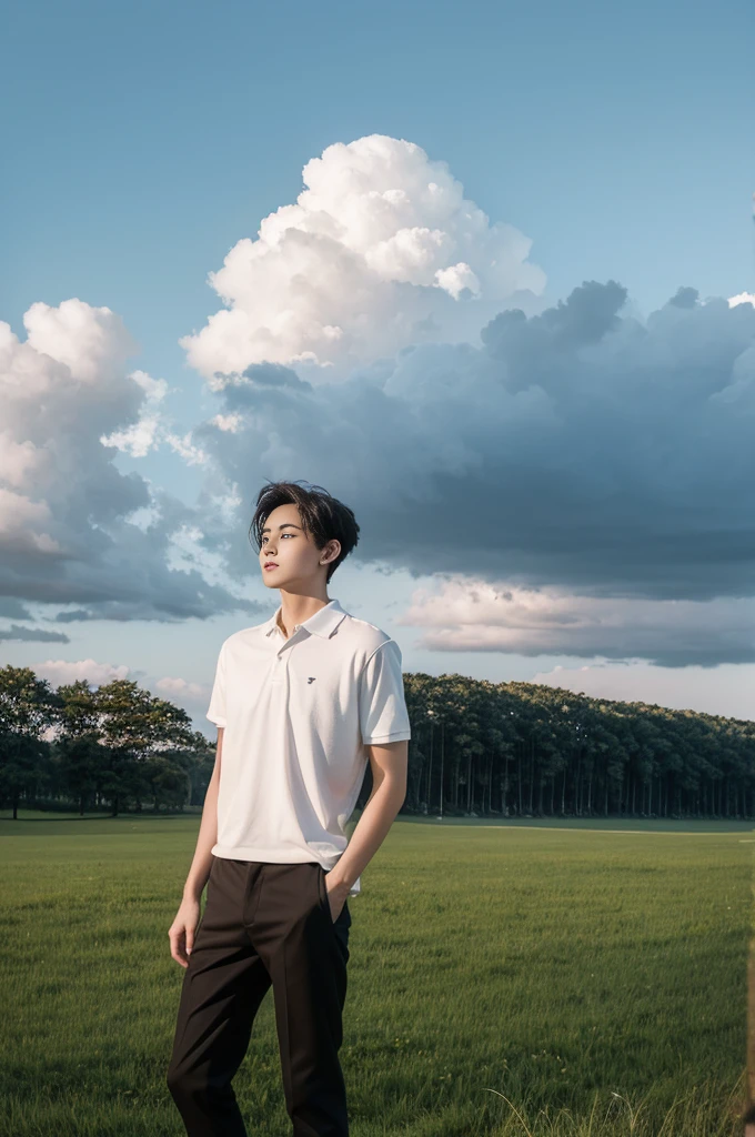 Young man in a white polo shirt Standing on the edge of the meadow with an expression on his face, looking into the distance Turn your head slightly.，Cloudy day, coffee shop