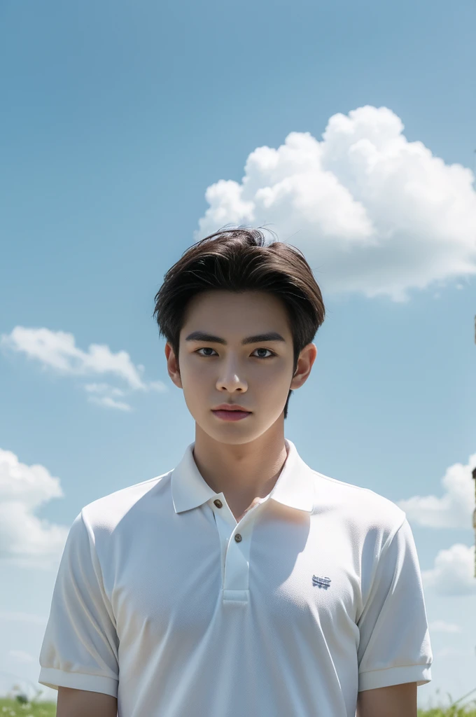 Young man in a white polo shirt Standing on the edge of the meadow with an expression on his face, looking into the distance Turn your head slightly.,Cloudy day, coffee shop