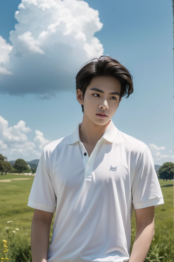 Young man in a white polo shirt Standing on the edge of the meadow with an expression on his face, looking into the distance Turn your head slightly.,Cloudy day, coffee shop