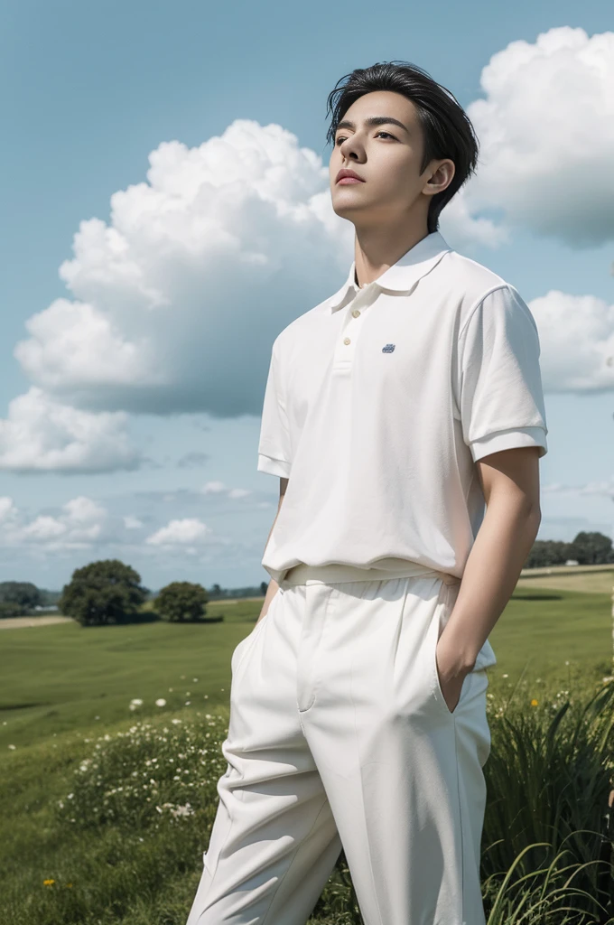 Young man in a white polo shirt Standing on the edge of the meadow with an expression on his face, looking into the distance Turn your head slightly.,Cloudy day, coffee shop